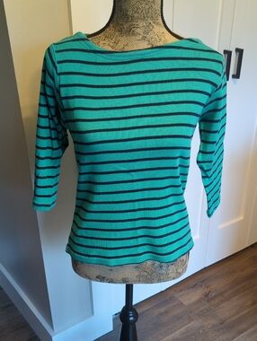 L.L. Bean Teal and Black Striped Boatneck Top